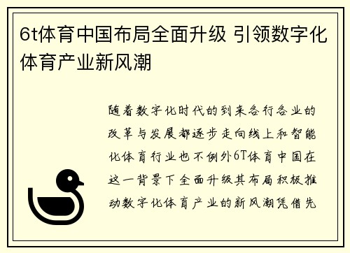6t体育中国布局全面升级 引领数字化体育产业新风潮
