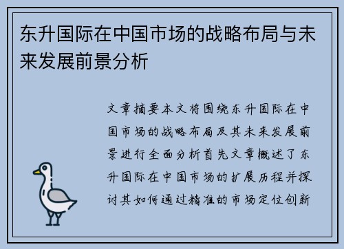 东升国际在中国市场的战略布局与未来发展前景分析