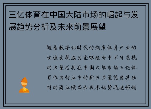 三亿体育在中国大陆市场的崛起与发展趋势分析及未来前景展望